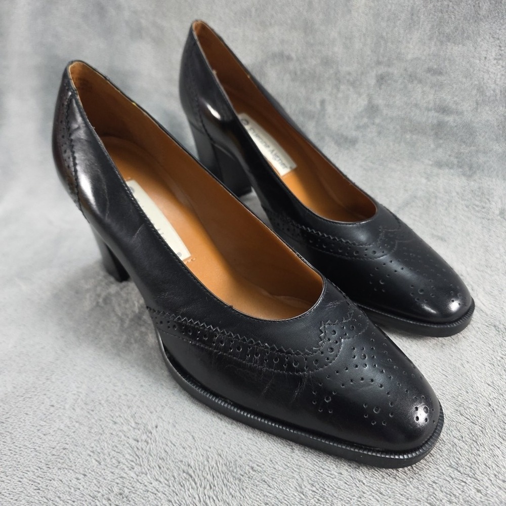 Etienne Aigner Brogue Cap-Toe Block Heel Pump Black Leather Women's Size US 8M